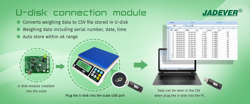 Jadver JWN может преобразовывать данные взвешивания в файл CSV, хранящийся на U-диске.